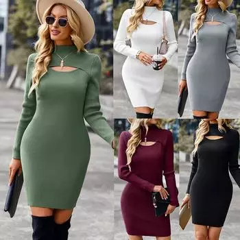 Женская водолазка с длинным рукавом вязать эластичный тонкий свитер Bodycons мини-свитер платье S зелёный