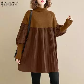 Женская водолазка с длинным рукавом ZANZEA, повседневная блузка в стиле пэчворк S коричневый