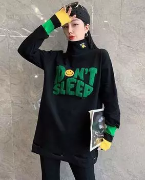 Женская водолазка с капюшоном, забавные топы с вышивкой в стиле Харадзюку, уличная одежда, рваные шикарные толстовки Kpop Femme M чёрный