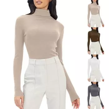 Женская водолазка с воротником-стойкой и длинными рукавами, облегающая блузка S кофейный