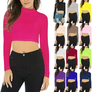 Женская водолазка с воротником-стойкой, женская короткая облегающая нижняя одежда с длинным рукавом и зимний топ с открытым пупком L чёрный