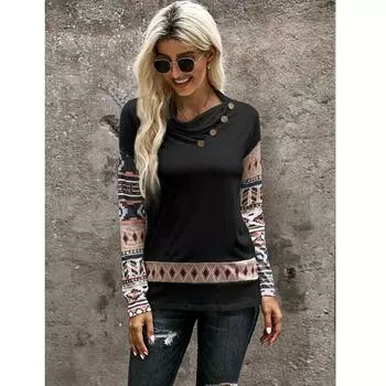 Женская водолазка с заниженным плечом и пуговицами, цветной блок, длинный рукав, пуловер, топы, блузка 2XL чёрный