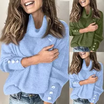 Женская водолазка, свободный пуловер на пуговицах с длинным рукавом, однотонная вязаная нижняя рубашка XXXL