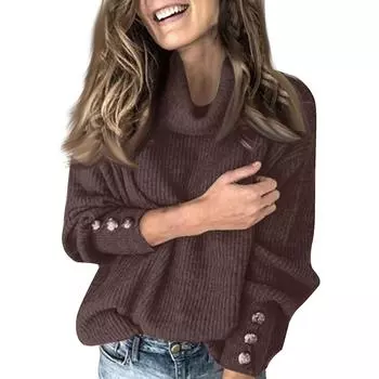 Женская водолазка, свободный пуловер на пуговицах с длинным рукавом, однотонная вязаная нижняя рубашка L кофейный
