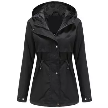 Женская водонепроницаемая куртка-тренч Для пешего туризма На открытом воздухе Ветровка Легкая классическая ветрозащитная с капюшоном Легкое непромокаемое пальто Тонкая верхняя одежда Дождевик S чёрный