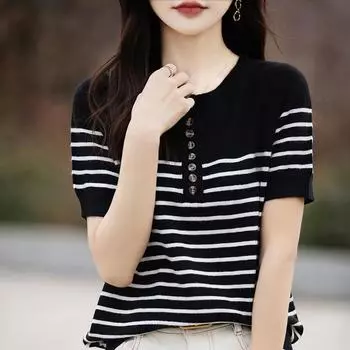 Женская вязаная футболка MODERN NEW SAGA, летняя вязаная рубашка, полосатые футболки с короткими рукавами, пуловер с круглым вырезом, вязаные топы M чёрный