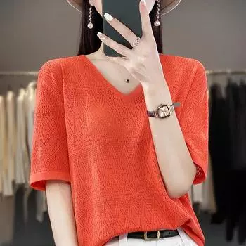 Женская вязаная футболка MODERN NEW SAGA, летняя вязаная рубашка, футболки с короткими рукавами, вязаный пуловер с v-образным вырезом, вязаные топы S белый