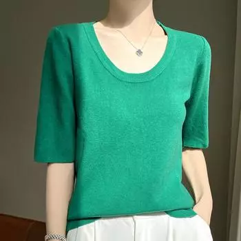 Женская вязаная футболка MODERN NEW SAGA, летняя вязаная рубашка, футболки с короткими рукавами, пуловер с круглым вырезом, вязаные топы S бежевый