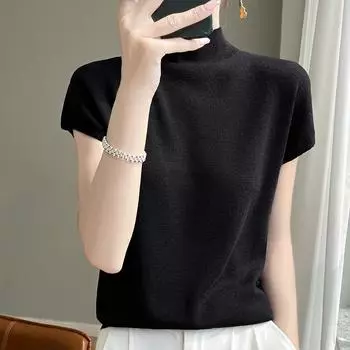 Женская вязаная футболка MODERN NEW SAGA, летняя вязаная рубашка, футболки с короткими рукавами, пуловер с круглым вырезом, вязаные топы M бежевый