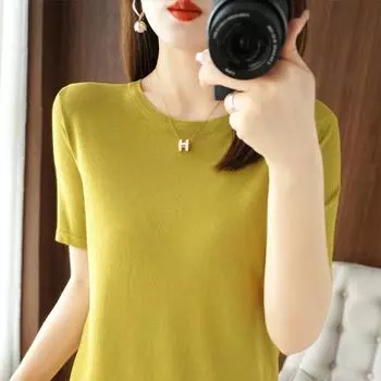 Женская вязаная футболка MODERN NEW SAGA, летняя вязаная рубашка, футболки с короткими рукавами, пуловер с круглым вырезом, вязаные топы S белый