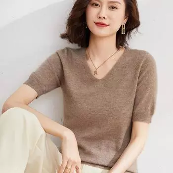 Женская вязаная футболка MODERN NEW SAGA, летняя вязаная рубашка, футболки с короткими рукавами, пуловер с v-образным вырезом, вязаные топы S бежевый