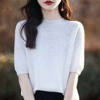 Женская вязаная футболка MODERN NEW SAGA, летняя вязаная рубашка, футболки с короткими рукавами, пуловер с круглым вырезом, вязаные топы S верблюд