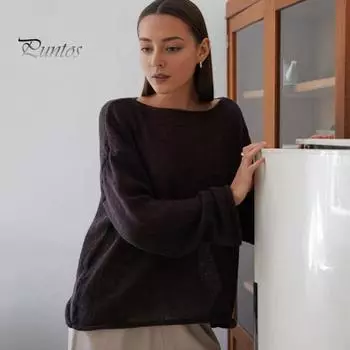 Женская вязаная футболка с круглым вырезом, расклешенная полая футболка с длинными рукавами, однотонная свободная посадка, прозрачные тонкие вязаные топы M красный