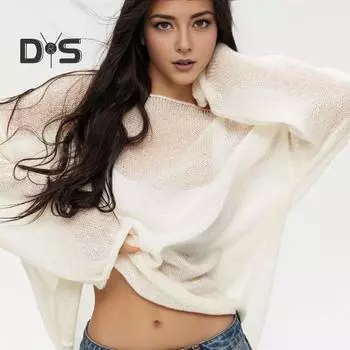 Женская вязаная футболка с круглым вырезом, расклешенная полая футболка с длинными рукавами, однотонная свободная посадка, прозрачные тонкие вязаные топы M красный