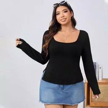 Женская вязаная футболка с квадратным воротником, тонкая черная футболка с длинным рукавом, облегающий эластичный дышащий топ, стильная повседневная базовая рубашка, повседневная одежда XL чёрный