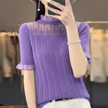 Женская вязаная футболка СОВРЕМЕННАЯ НОВАЯ летняя трикотажная рубашка SAGA, футболки с короткими рукавами, облегающий вязаный пуловер, вязаные топы M бежевый