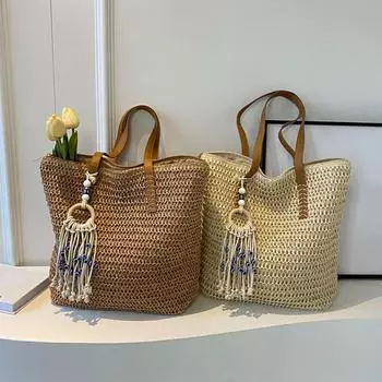 Женская вязаная крючком пляжная сумка с кисточками, дорожная сумка с застежкой-молнией, ретро-соломенная сумка, женская летняя повседневная сумка 39x11x35cm хаки