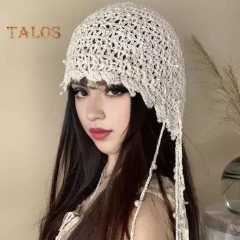 Женская вязаная крючком шапка, однотонная вязаная шапка в этническом стиле с кисточками, на шнуровке, ручная работа бежевый