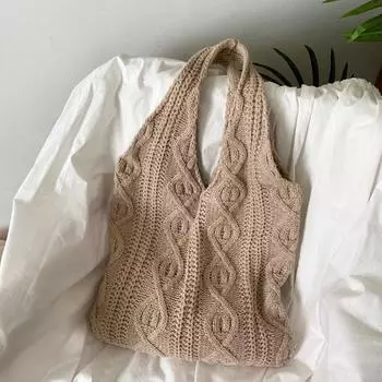 Женская вязаная крючком сумка через плечо, большая вместимость, однотонная вязаная крючком сумка-тоут, многофункциональная вязаная сумка для покупок, повседневная сумка для поездок на работу 36x32cm бежевый