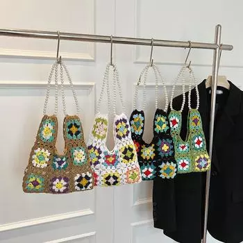 Женская вязаная крючком сумка для бабушки в этническом стиле, вязаная крючком сумка для покупок, богемная тканая сумка с жемчужным ремешком и цветочным принтом зелёный
