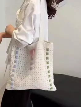 Женская вязаная крючком сумка на плечо, большая вместительная сумка с бантом, Эстетическая сумка-шопер, повседневная сумка на плечо, повседневная дорожная сумка 33x38cm розовый