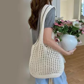 Женская вязаная крючком сумка-тоут, полая пляжная сумка, большая вместимость, модная вязаная сумка, однотонная, простая сумка для покупок для путешествий и отпуска 39.5x34cm бежевый