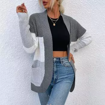 Женская вязаная куртка-свитер контрастного цвета с большим карманом S серый