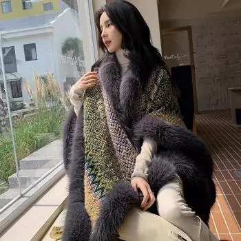 Женская вязаная лоскутная стильная нерегулярная шаль из искусственного меха, мягкая, удобная, теплая, утолщенная, модная, большая накидка-пончо для путешествий, вечеринок, офиса one size