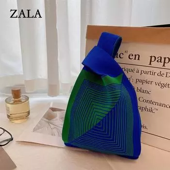 Женская вязаная маленькая сумочка ручной работы, повседневная сумка на запястье, японская сумка-шоппер в широкую полоску, студенческая многоразовая сумка на плечо a хаки