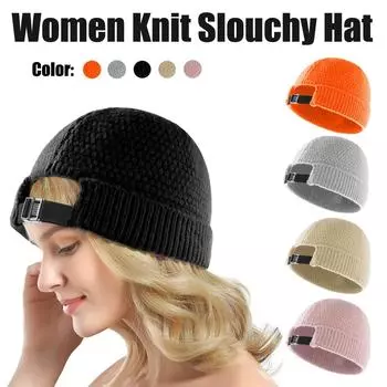 Женская вязаная мешковатая шапка с напуском и регулируемой пряжкой, зимняя мягкая теплая лыжная кепка чёрный