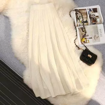 Женская вязаная миди-юбка: Мягкая, эластичная высокая талия, облегающий бедра, приталенный А-силуэт с плиссировкой M (80-100 lbs)