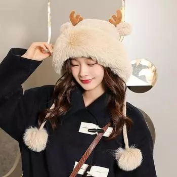 Женская вязаная милая меховая шапка с рогами и шариками, уличная теплая кашемировая шапка, корейский рождественский осенне-зимний пуловер, шапка One Size