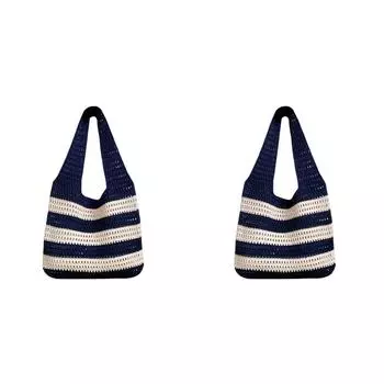 Женская вязаная полосатая сумка контрастного цвета с полой летней сумкой (Темно-синий)