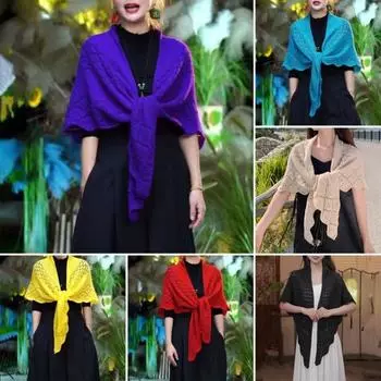 Женская вязаная шаль, однотонная, с бахромой, легкая, универсальная, алая шаль, открытая, вязаная шаль с узором чёрный