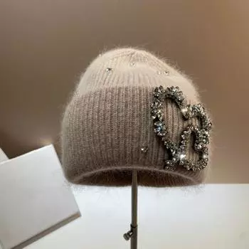 Женская вязаная шапка из искусственного меха кролика, роскошная зимняя шапка с узором в виде сердца и стразами, дизайнерские шапки, теплая женская шапка-чепчик для прогулок One size серый