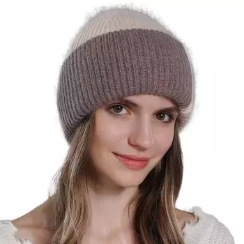 Женская вязаная шапка из кроличьей шерсти, зимняя теплая шерстяная шапка контрастного цвета, универсальный женский пуловер, шапка OneSize