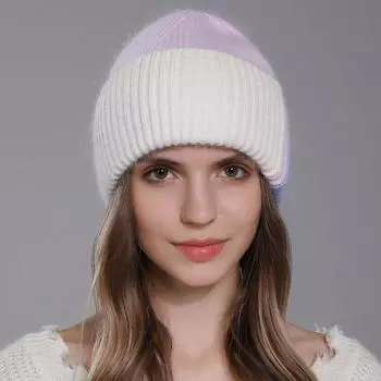 Женская вязаная шапка из кроличьей шерсти, зимняя теплая контрастная шерстяная шапка, универсальная женская шапка-пуловер One size
