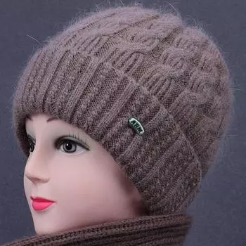 Женская вязаная шапка с подкладкой хаки