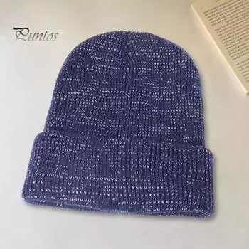 Женская вязаная шапка, светоотражающая ночью, эластичная, со сложенными полями, купольная, в стиле хип-хоп, уличный стиль, кепка знаменитостей, зимний, сохраняющий тепло головной убор темно-синий