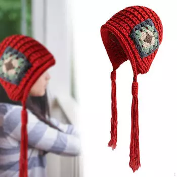 Женская вязаная шапка-ушанка, модная, ручная работа, легкая, сохраняющая тепло, для снега и лыж красный