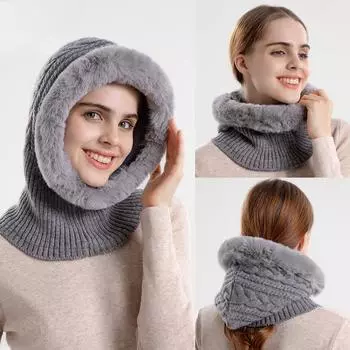 Женская вязаная шапка, защищающая от холода, с утолщенным шарфом на флисовой подкладке, встроенная шапка, теплая защита ушей, нарукавник average size