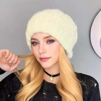 Женская вязаная шапка зимняя теплая толстая эластичная шапка с разрезом One Size слоновая кость