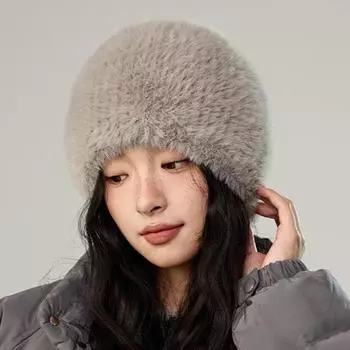 Женская вязаная шапка, зимняя защита ушей, теплая меховая шапка-пуловер, однотонная двухслойная толстая шапка чёрный