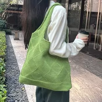 Женская вязаная сумка через плечо, большая вместимость, повседневная сумка-тоут, однотонная ажурная сумка через плечо для ежедневных выходов, шопинга, школы хаки