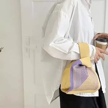 Женская вязаная сумка ручной работы, маленькая сумка на запястье с узлом, японская повседневная клетчатая сумка-шопер в широкую полоску, студенческая многоразовая сумка на плечо 20x23cm жёлтый