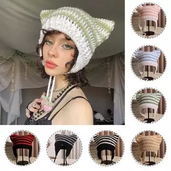 Женская вязаная защитная шапка для ушей с клубничным ремешком и полосатыми кошачьими ушками, защитная от холода, шерстяная шапка