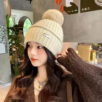 Женская вязаная зимняя модная шапка-сплайс, теплая лыжная шапка с отделкой из меха енота, теплая шапка, шапка-плунжер, шапки-бини для женщин One size белый