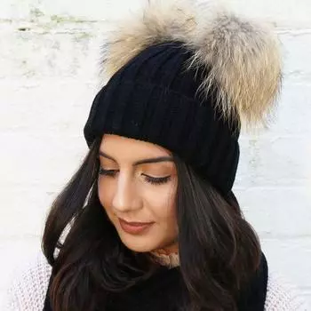 Женская вязаная зимняя вязаная шапка с двойным шариком в полоску, теплая вязаная однотонная шапка OneSize чёрный