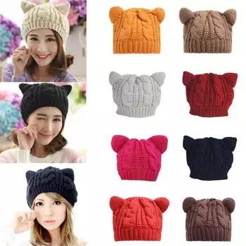 Женская вязанная шерстяная шапка с напускными кошачьими ушками, массивная мешковатая шапка, зимняя мягкая теплая лыжная шапка хаки