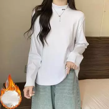 Женская вышитая футболка с длинным рукавом, осень-зима, свободная, полуводолазка, повседневные футболки, женские пуловеры, утолщенные топы M